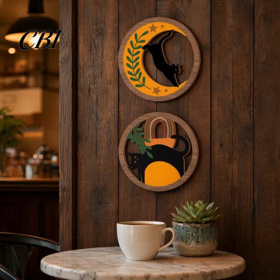 Wooden Cat Wall Art 4Pcs 3D Boho Decoration, Round Hangings, Animal Star Sun Moon Healing Night Decor Botanical Decor, Layered Wood Plaque for Living