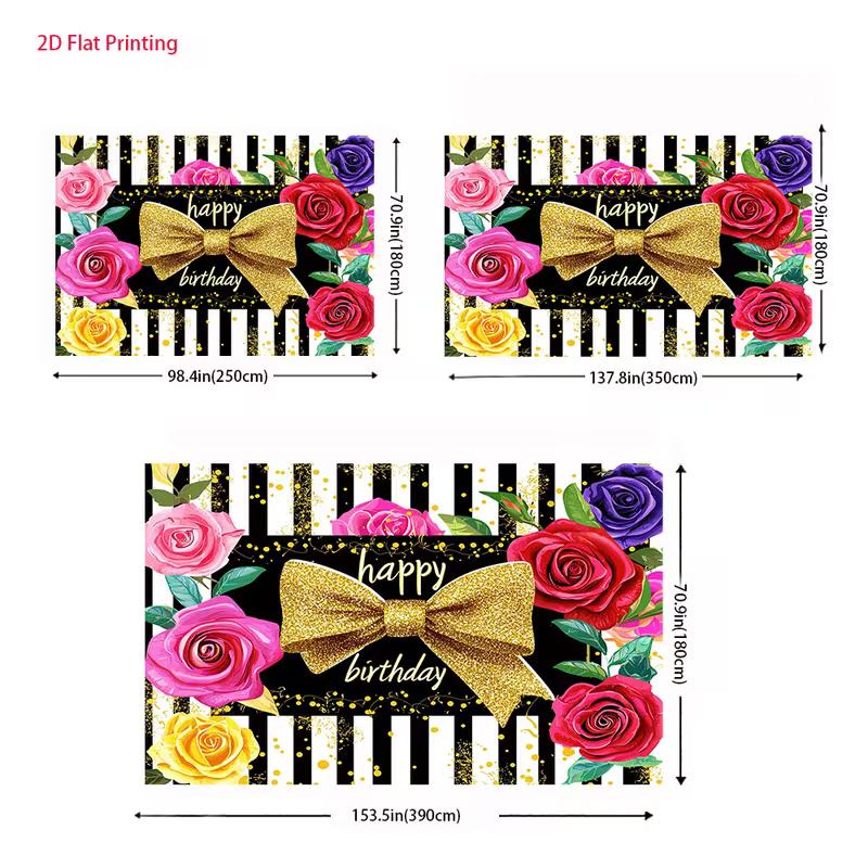 2D Multicolor Rose Birthday Backdrop, Gold Bow & Stripe Photography Background