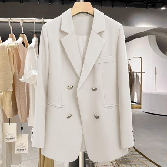 Women Suit Coat Lapel Long Sleeve Solid Color Casual Suit Jacket Loose Fit Double Breasted Basic