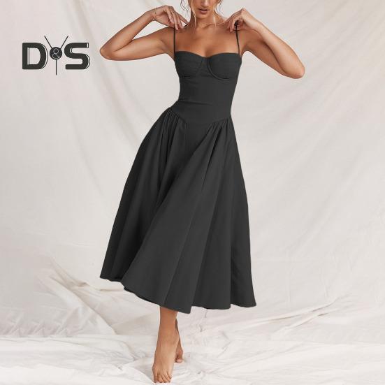 Женское платье с глубоким вырезом на тонких бретельках и открытой спиной без рукавов А-силуэта, большие качели, чистый цвет, тонкая талия, плиссированное платье миди для коктейльной вечеринки, выпускного вечера