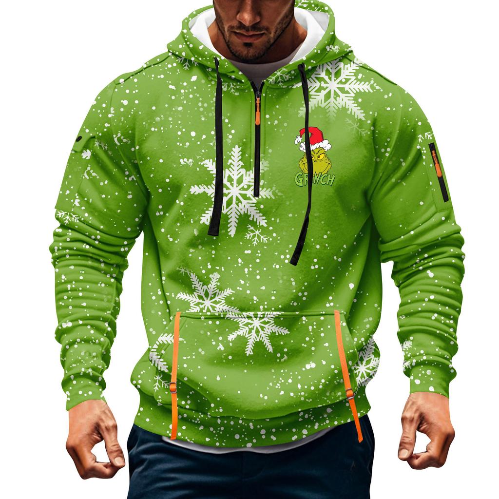 Men's Christmas Print Hooded Half-Zip Casual Sports Sweatshirt