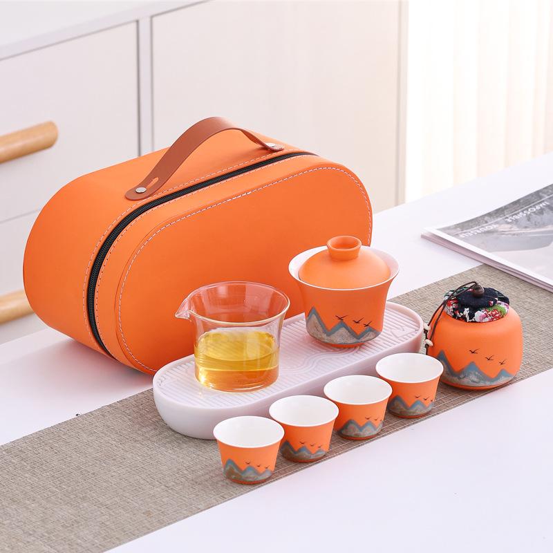 Coarse pottery covered bowl travel tea set Portable portable express cup Outdoor car tea set with tea tray gift Business gift