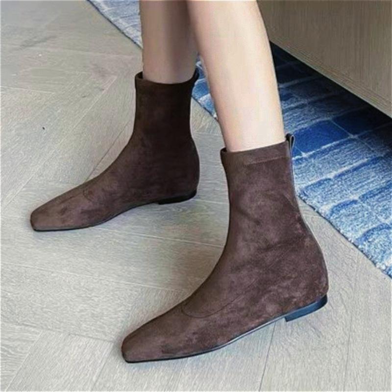 Ботильоны на плоской подошве, замшевые теплые высокие сапоги с квадратным носком, женская обувь, зимняя брендовая повседневная обувь 2025 года, трендовые зимние сапоги на низком каблуке Mujer Zapatos