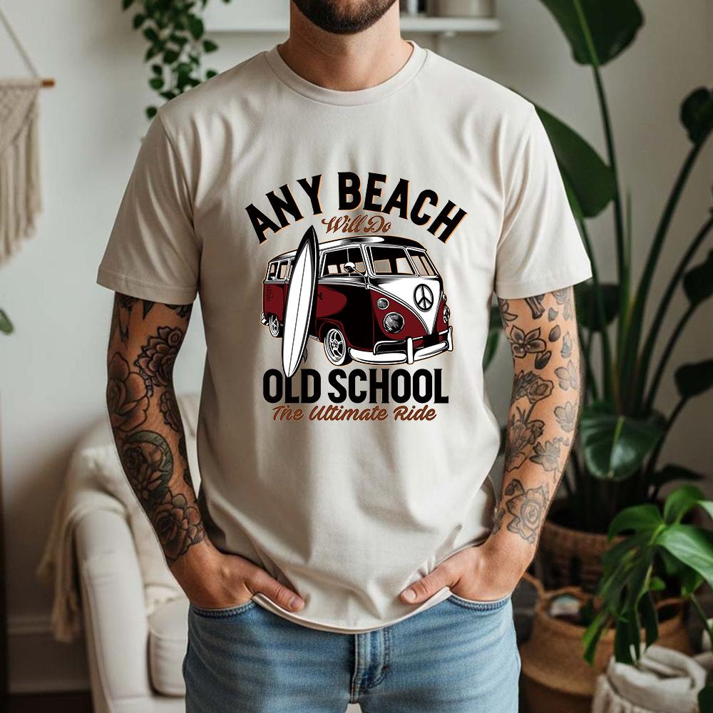 Vintage Old School Surf Bus Surfboard Print Unisexs T Shirt Loose Short Sleeve Crew Neck Beach Vacation Casual Tees