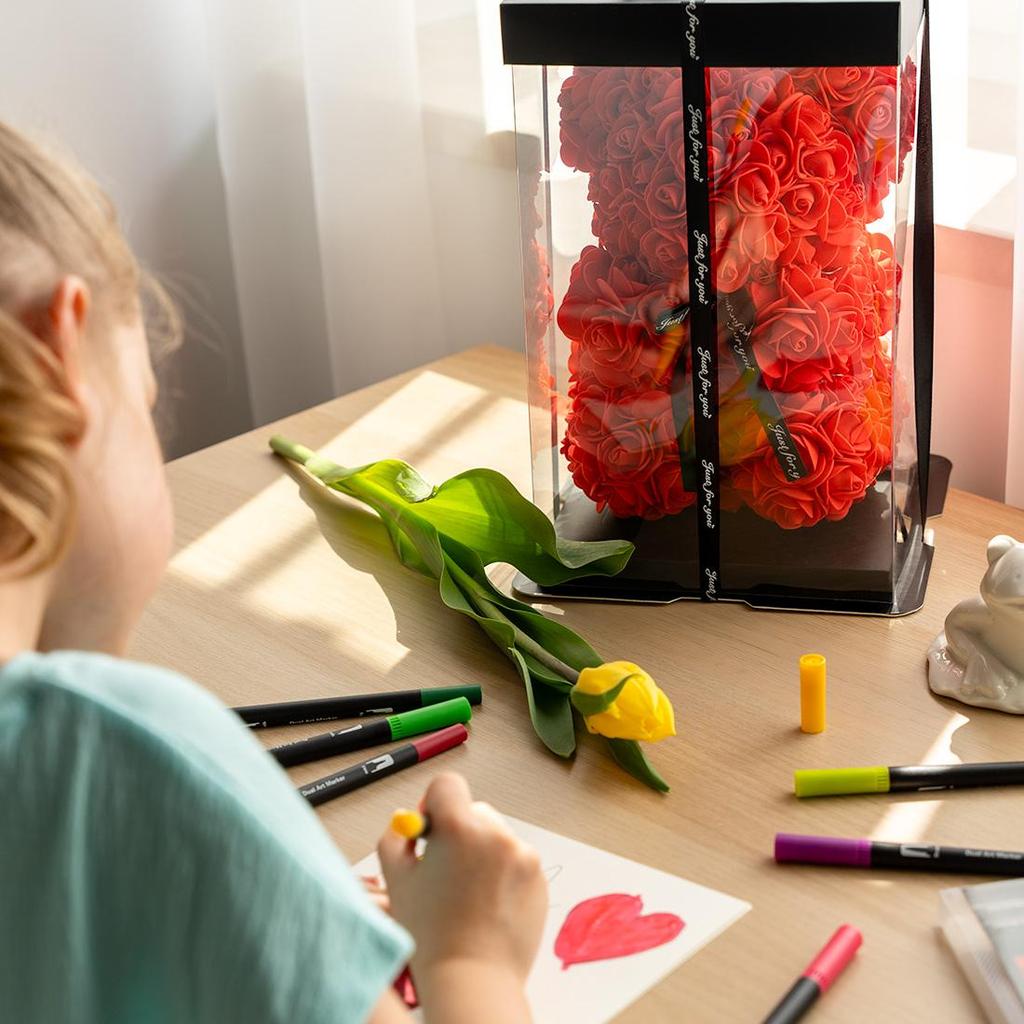 Розовый плюшевый мишка, красный, лепестки роз 25 см, украшение, подарок на День матери