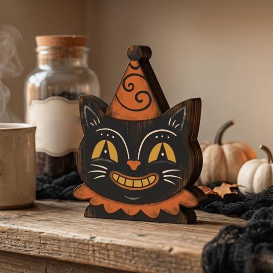 Decorative Tiered Tray Elements Halloween Vintage Wooden Ornaments, Cute Bat/Black Cat/Owl/Pumpkin/Ghost/Skull Decorations, Retro Double Sided Festive