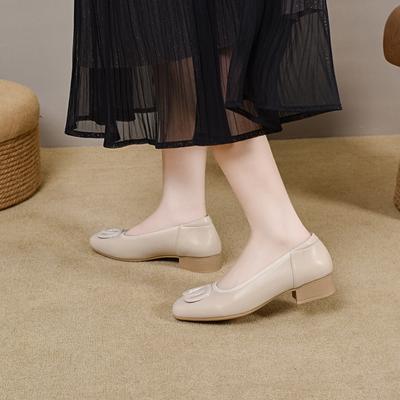 Ретро круглая пряжка светлый рот для работы одинарная обувь женская весна и лето круглый носок толстый каблук овчина модная мягкая поверхность