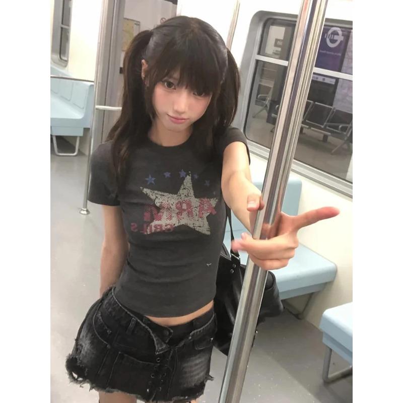KOSY Y2k Japanese Print T-shirt Women Slim Short Sleeve Tee American Retro Vintage Graphic Tops Fairycore Tshirts