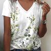 Vibrant Plant Print V Neck T-Shirt - Soft Breathable Casual Short Sleeve Top for Spring Summer Women's Relaxed Clothing