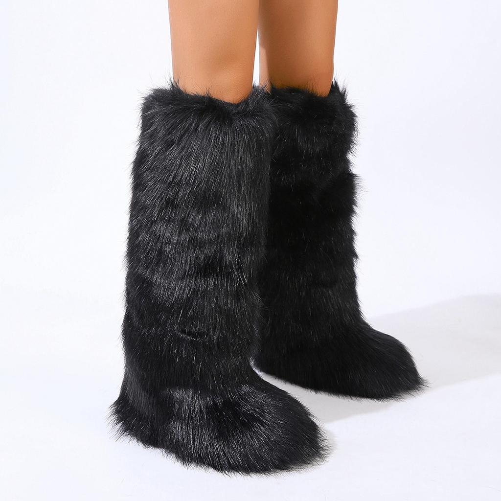 Women Winter Thigh High Fluffy Boots Ladies Furry Faux Fox Fur Long Warm Shoes Girls Plush Knee High Fur Boots