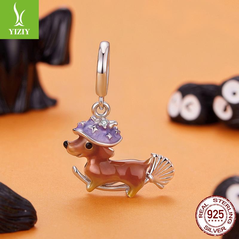 Halloween Magic Dachshund Pendant Accessories Personalized Cute Broom S925 Sterling Silver Beaded