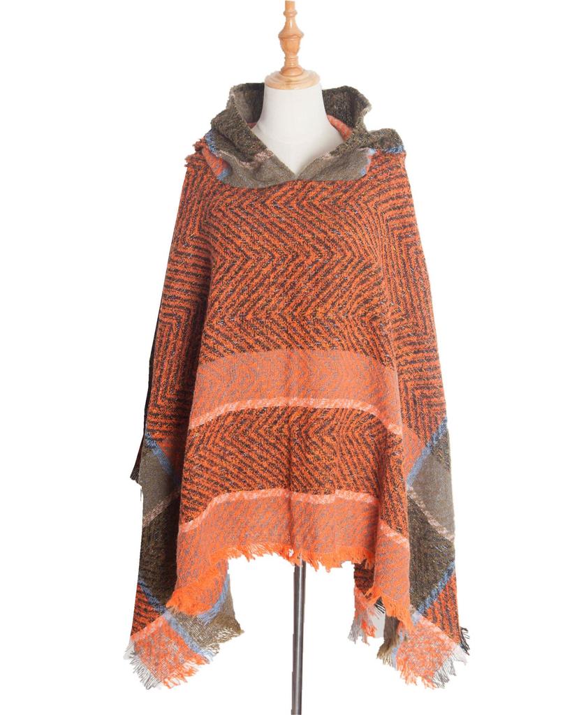 European & American Herringbone Women's Hooded Poncho Pullover (Spring, Autumn, Winter Collection)