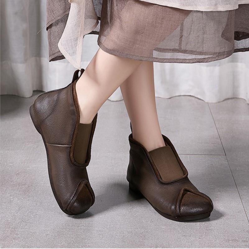 Johnature Винтажные ботильоны ручной работы из натуральной кожи на плоской подошве, с круглым носком, из мягкой коровьей кожи, женские слипоны