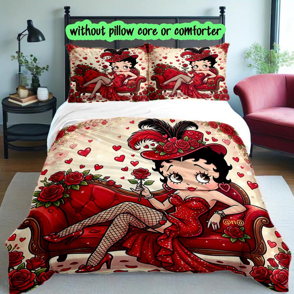 3pcs Betty Boop Duvet Cover Set, Home Printed Bedding Set, Breathable and Cozy Bedclothes Suitable For Festival Decor