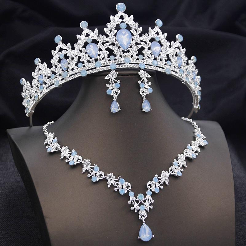 Opal Blue Tiaras Sets Bridal Jewelry Set for Princess Wedding Crown and Necklace Earring Prom Birthday Dress Costume Accessories