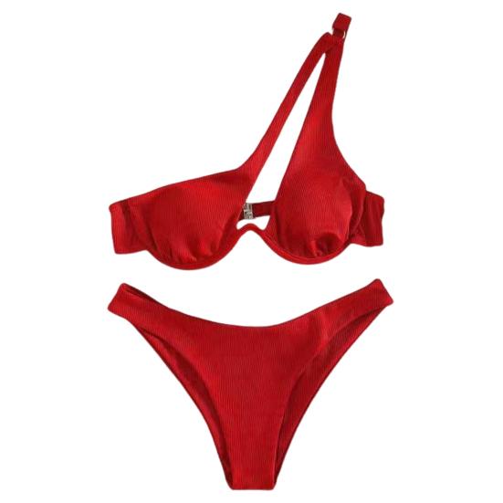 2Pcs/Set Women Sexy Bikini Set Solid Color One-shoulder Bra High Waist Briefs