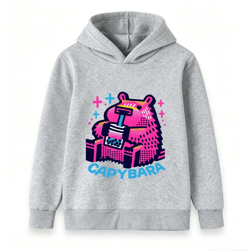 Kids Boys Girls 100% Cotton Crew Neck Short Sleeve T-Shirt, Cute Neon Capybara Bubble Tea Print Casual Soft Breathable Summer Tee Tops for Daily Wear
