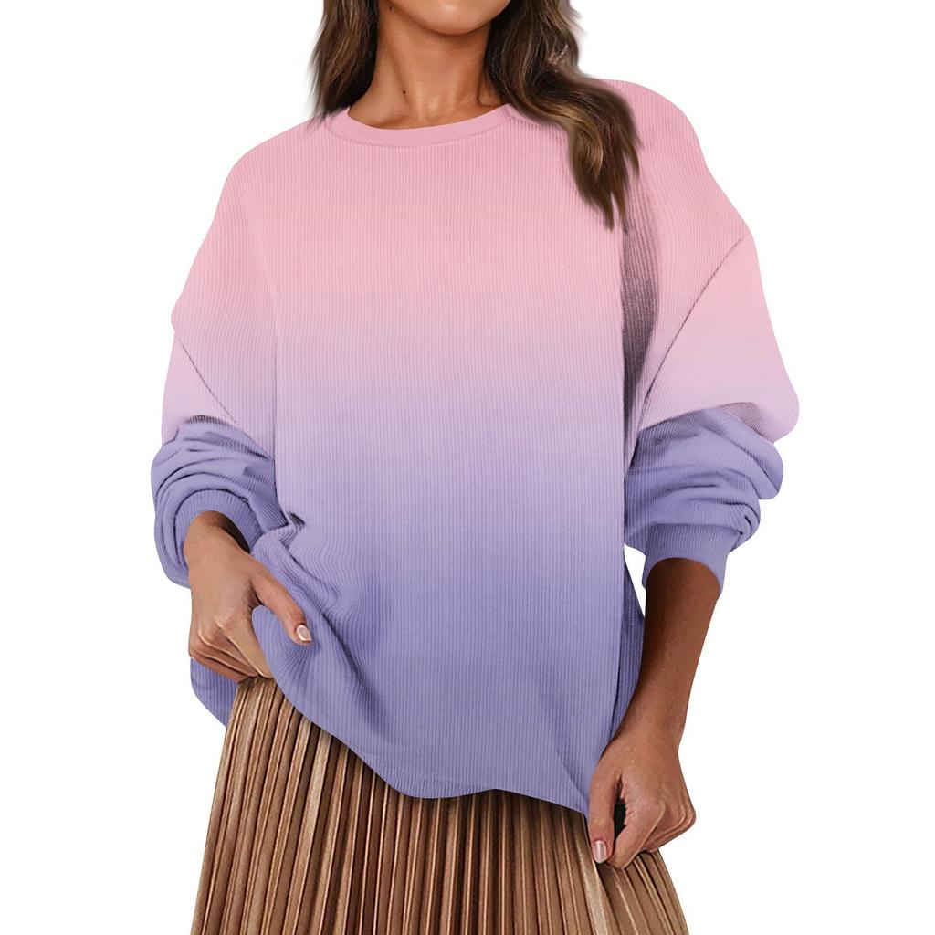 Женская модная повседневная свободная толстовка с круглым вырезом и длинным рукавом с градиентным цветом