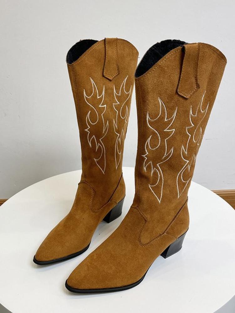 Женские ковбойские сапоги в стиле вестерн, остроносые женские туфли с принтом, сапоги до середины голени, зимние сапоги на толстом каблуке, танкетки, рыцарские сапоги Feminina