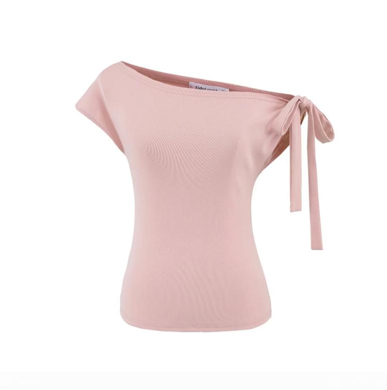 Irregular off-the-shoulder short-sleeved T-shirt summer new women's American solid color Spice Girl slim strap short open-button top