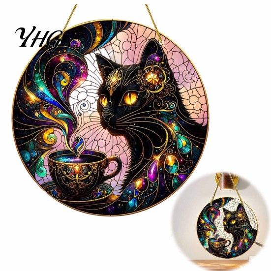 Colorful Cat Wall Art Moon Halloween Window Hanging Decor, Mystical Black Round Sign Modern Room Decor for Indoor Outdoor Art, Gothic Home Porch Door