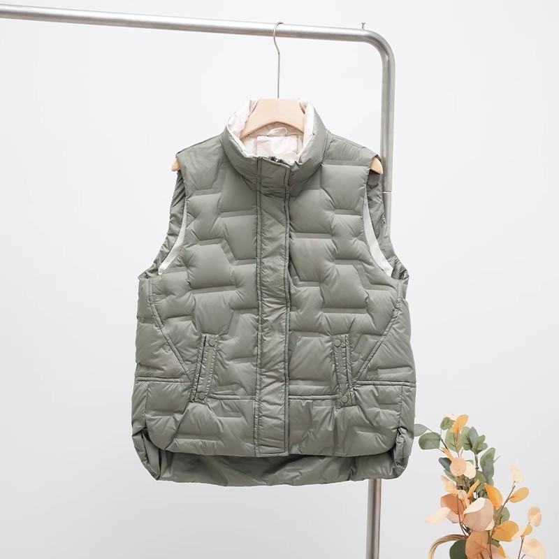 Осень и Зима Женский Флисовый Жилет на Утином Пуху Женский Свободный Стойка Воротник Карманы Теплый Стеганый Пуховик Без Рукавов