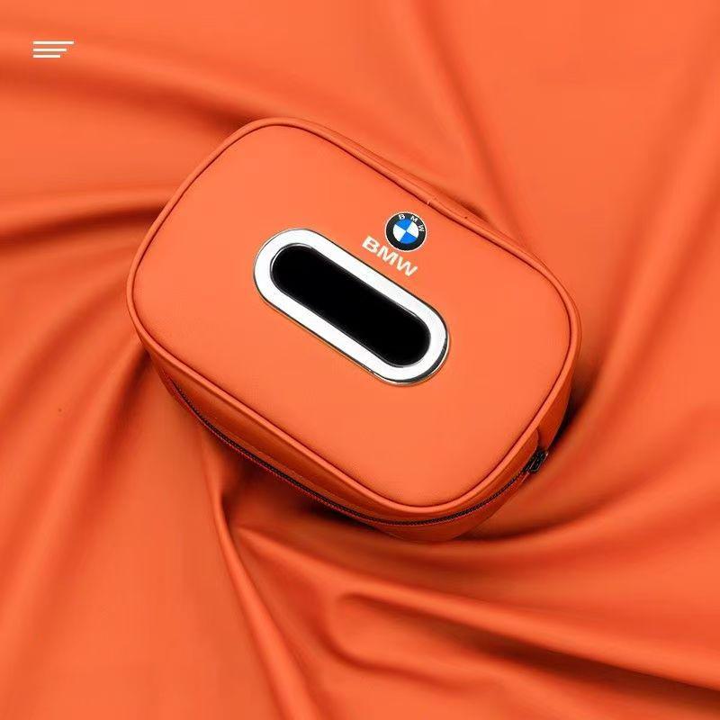 BMW Car Headrest Tissue Box, Premium PU Leather Hanging Napkin Holder, Universal Auto Seat Back Tissue Case,Car Interior Accessories