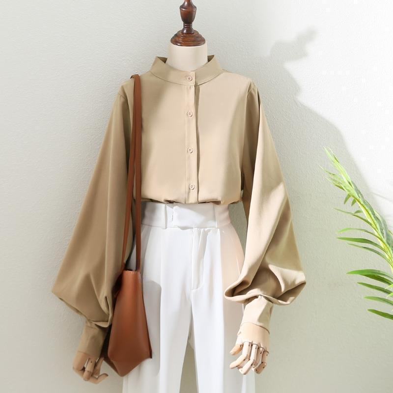 Женские блузки в весенне-осеннем стиле, рубашка с длинным рукавом-фонариком и воротником-стойкой, свободные топы Blusas DF4847