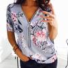 Women Ladies Plus Size Print Zipper Short Sleeve V-neck Pullover Tops Shirt
