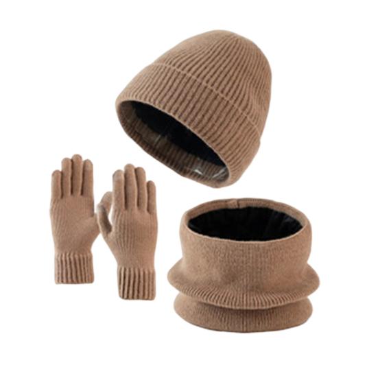 Yousheng 3Pcs/Set Winter Hat Scarf Gloves Set Solid Color Windproof Brimless Hat Neck Warmer Touch Screen Gloves Set