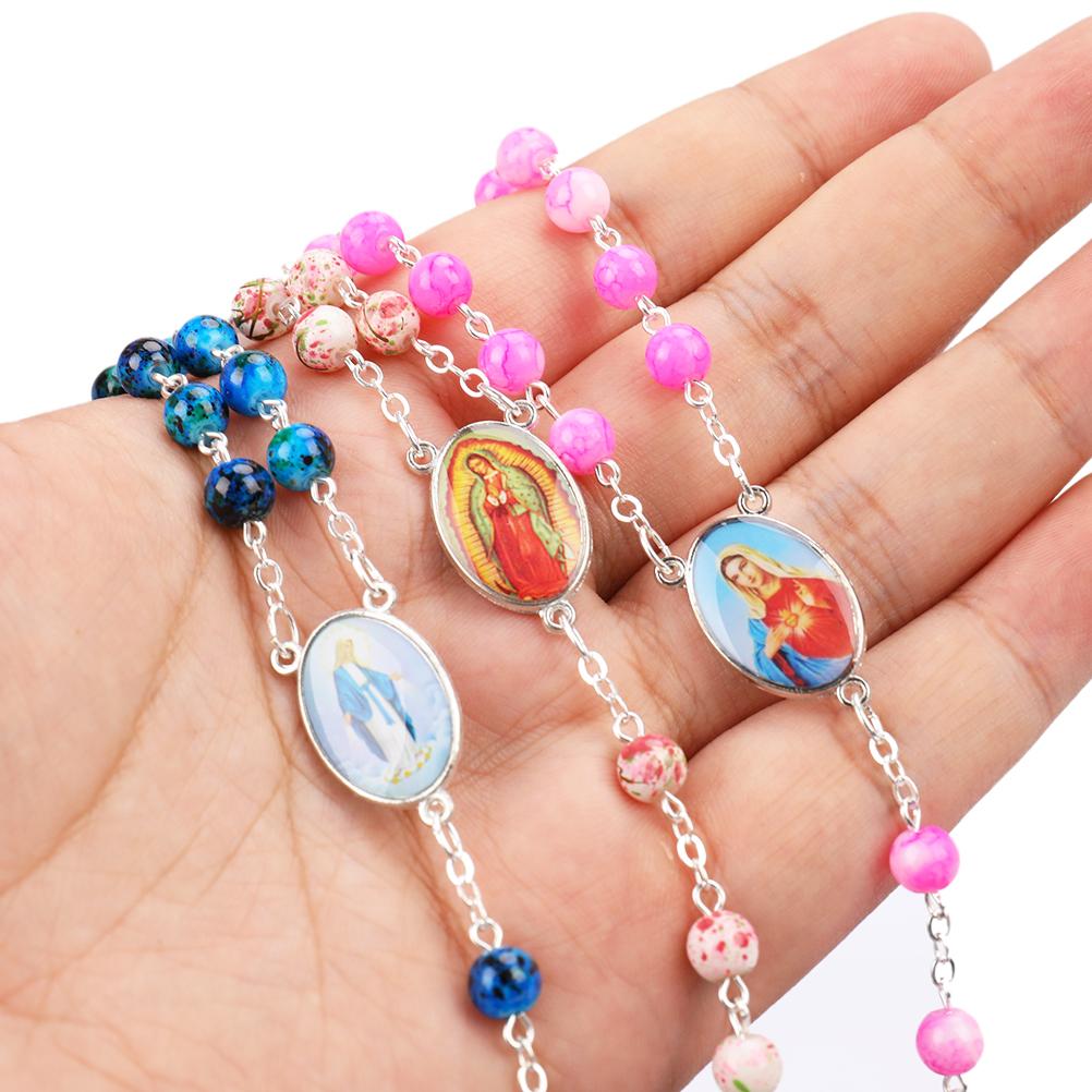Католические четки маленького размера, круглые синие стеклянные бусины, ожерелье с изображением Девы Марии и Иисуса