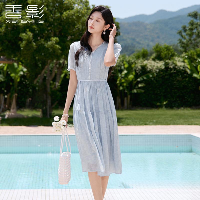 Eurowind lace up embroidered lace bubble sleeve V-neck dress