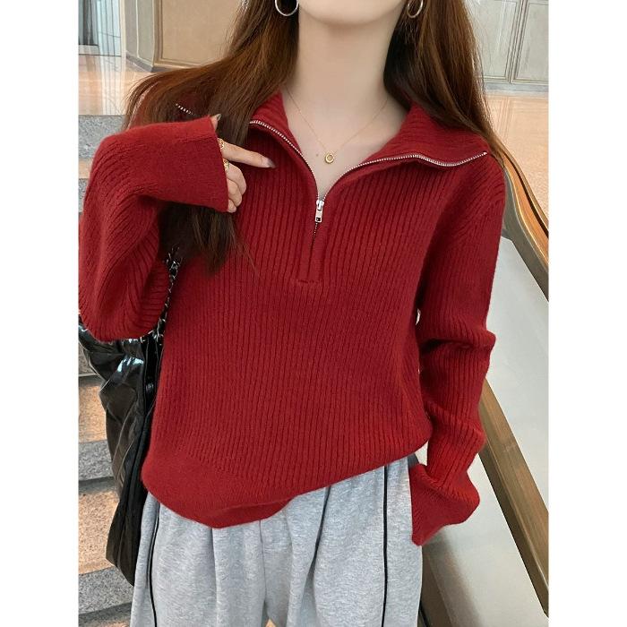 Свитер с полумолнией, женский свободный свитер, новинка, верхняя одежда на весну и осень, топ с лацканами, женская одежда