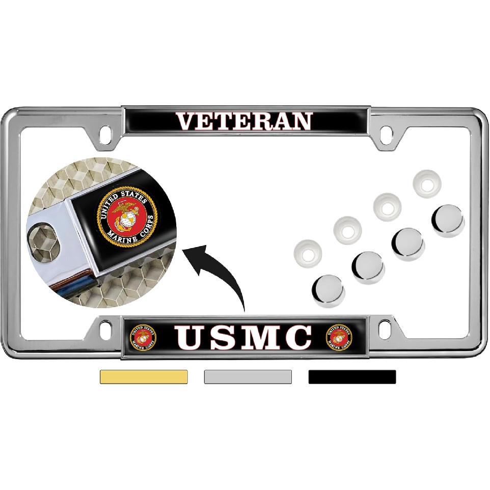 [Officially Licensed US Marine Corps Product] - USMC Veteran - Domed -Made Personalized Narrow (Thin) Top 4 Hole Metal Car License Plate Frame with