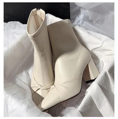 Женские ботинки 2025 Зима Супер Высокий Каблук Туфли Платье Бант Острый Носок Ретро Ботильоны Массивный Каблук Эластичные Короткие Ботас Де Мухер