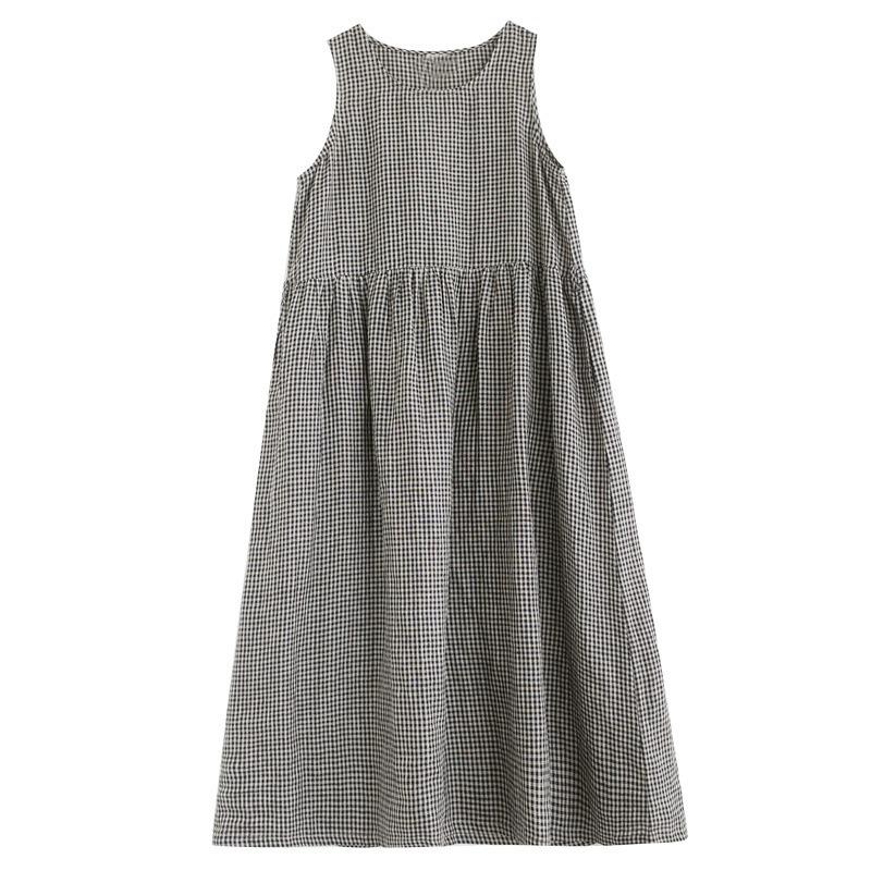 Vintage Plaid Tank Dress Crew Neck Sleeveless Base Dress Women's Long Summer Dress