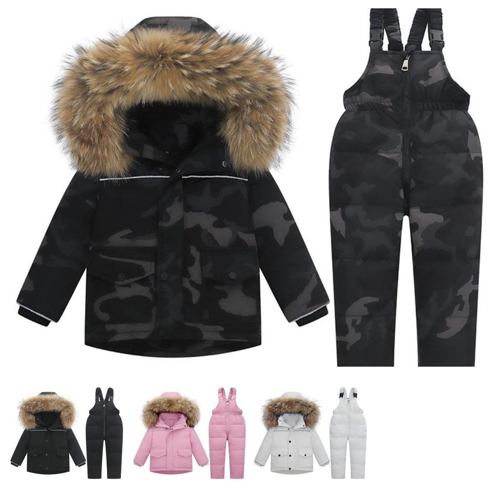 Детский зимний пуховик и брюки для малышей мальчиков и девочек – Ветрозащитный водонепроницаемый сноусьют с капюшоном из искусственного меха, 90% пух белой утки, 1–6 лет