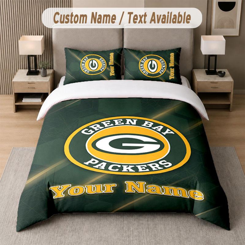 Custom Bedding Set Green Bay Packers Pattern, Print Name Text 1 Duvet Cover plus 2 Pillowcases Home Textile