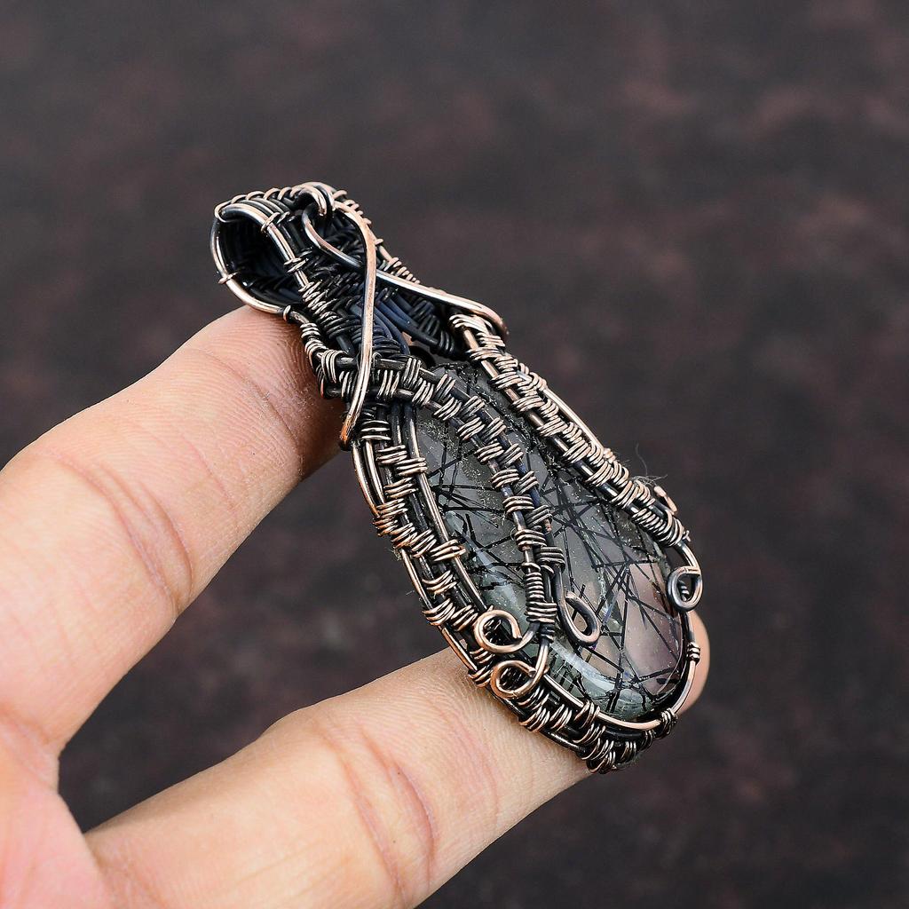 Black Rutile Pendant Copper Wire Wrapped Gemstone Pendant Antique Copper Wire Jewelry Birthstone Pendant Handmade Pendant Jewelry For Gift
