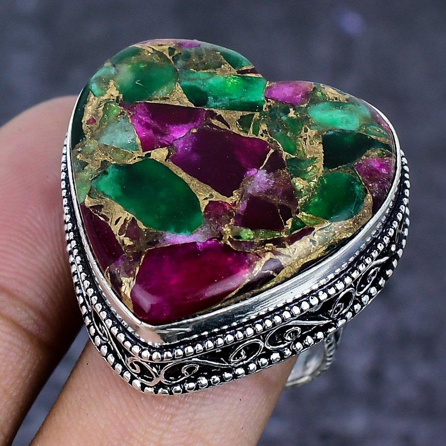 Натуральный медно-рубиновый цоизит Камень 925 пробы Стерлинговое серебро Ювелирное изделие Кольцо Размер 9 ETC-13895