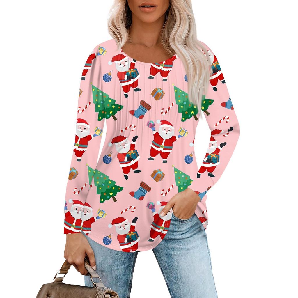 Женская повседневная футболка с круглым вырезом и длинными рукавами с рождественским принтом и складками