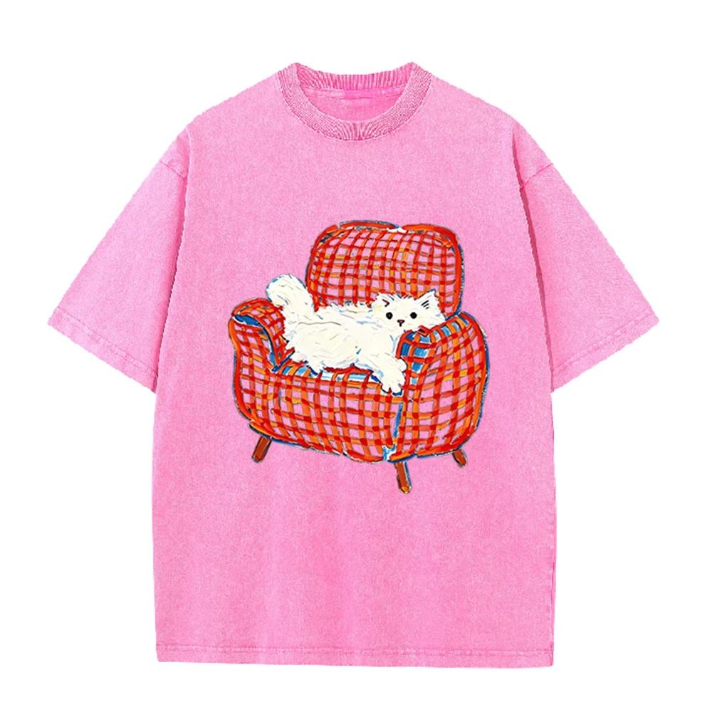 2026 Vintage Oil Painting White Fluffy Cat On Plaid Sofa Graphic Black Acid Washed T Shirt Cute Pet Casual Oversized Unisex Shor