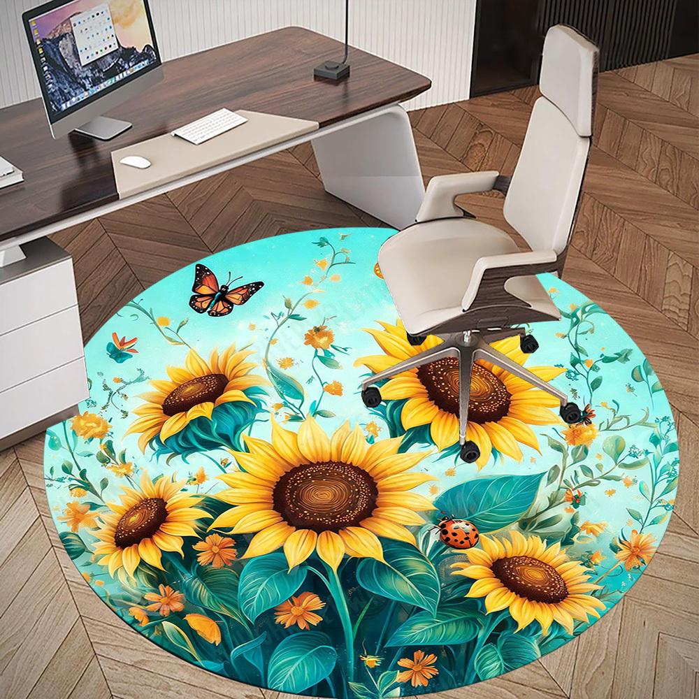 1PC sunflowers butterflies Office Round Area Rug, Under Office Chairs Bedroom Living Room Home Decor, Carpet for Office -1110095