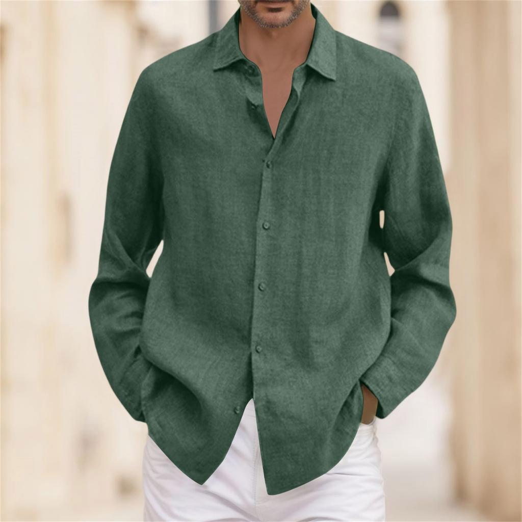 A Man In A Four-season Cotton And Linen Long-sleeved, Lapel, Loose Button Cotton And Linen Cardigan Shirt