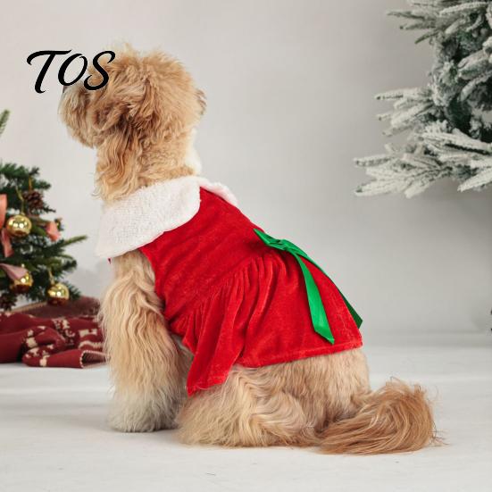 Christmas Gift for Small Dogs Velvet Dog Dress, Red Festive Dress with Fleece Collar, Cute Sleeveless Warm Puppy Santa Outfit Cozy Holiday Apparel