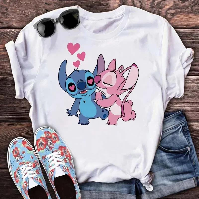 New Disney Women T-shirt Kawaii Lilo Stitch Print Tee Shirts Fashion Short Sleeve T Shirt Female Streetwear Y2k Clothes Top