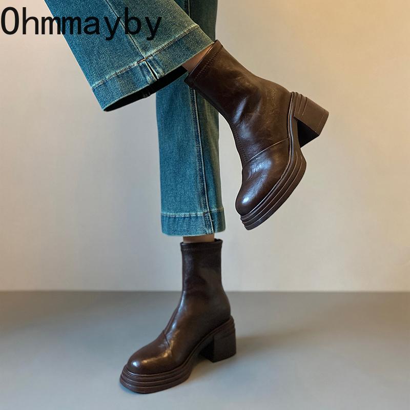 Designer Women Stretch Modern Ankle Boots Fashion Thick Heel Shoes Concise Short Botas De Mujer
