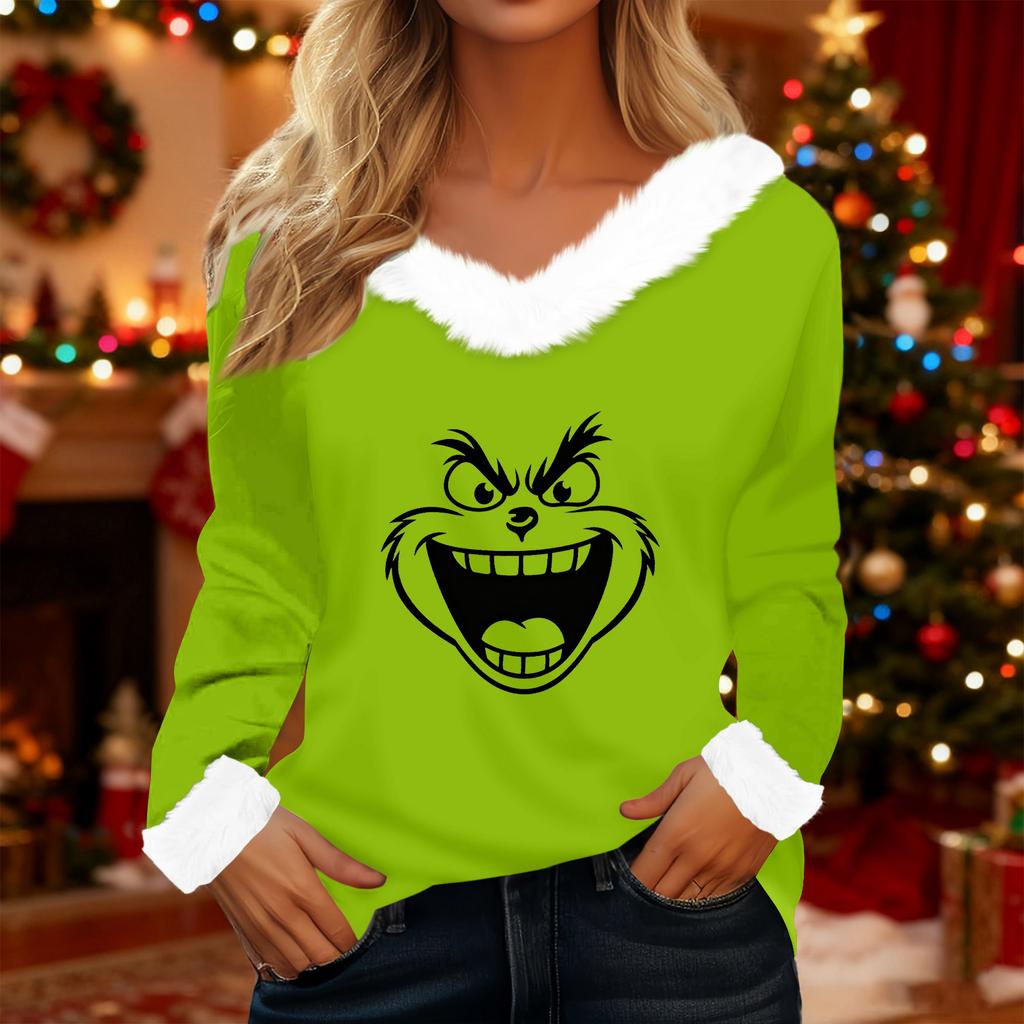 Women's T Shirt Tee Christmas Shirt Long Sleeve Party Christmas Print Fleece Collar V Neck Top