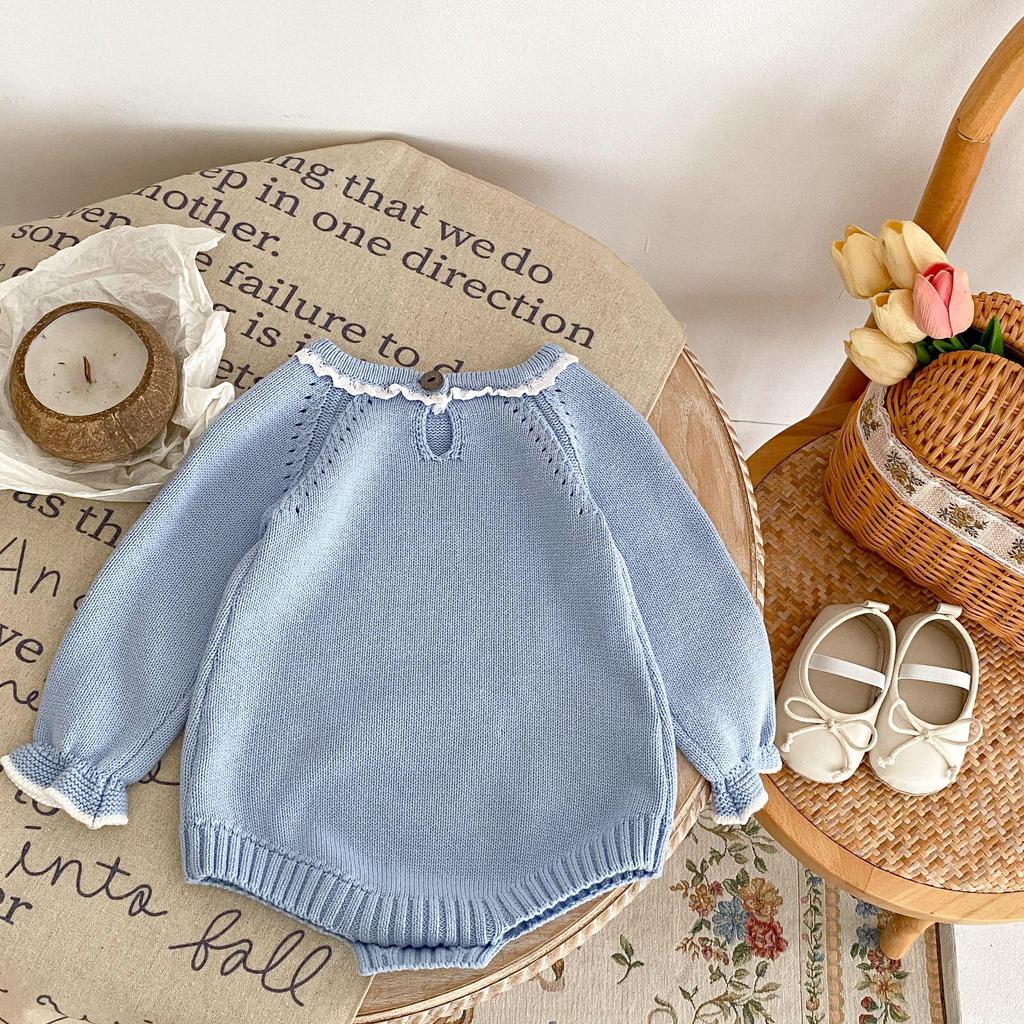 Хлопковый вязаный ромпер-боди с длинным рукавом и кружевным воротником для младенца девочки, осень 2025