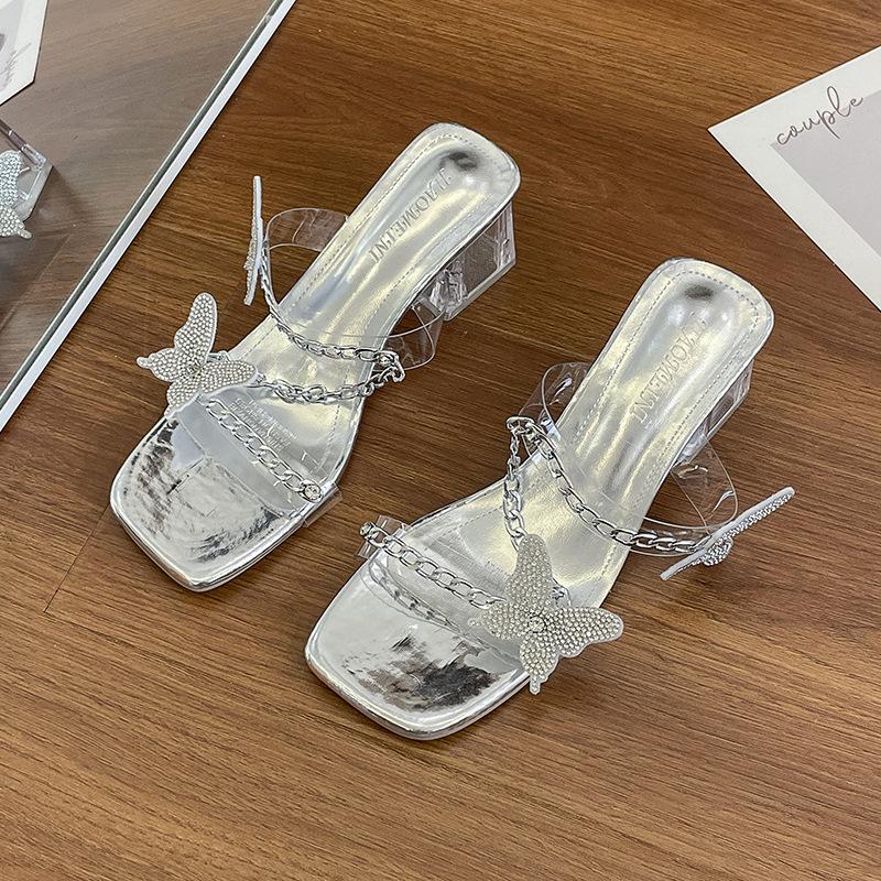 Новые женские босоножки с цепочками и бабочками на высоком каблуке летом 2025 года, женские универсальные туфли на высоком каблуке со стразами и кристаллами